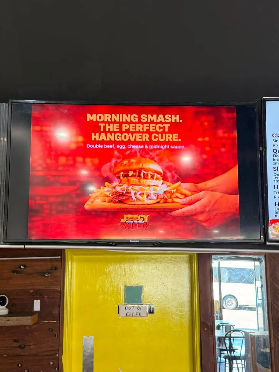 Morning Smash burger and fries at Joocy Smash